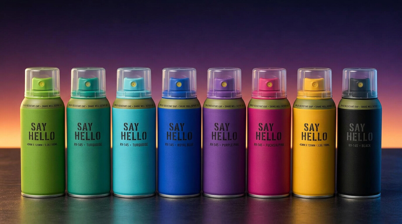 Eight Say Hello edible aerosol color cans in vivid matte colors